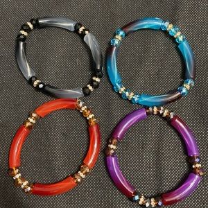 Lot of 4 Acrylic bracelets - red, purple, black & teal with rhinestones